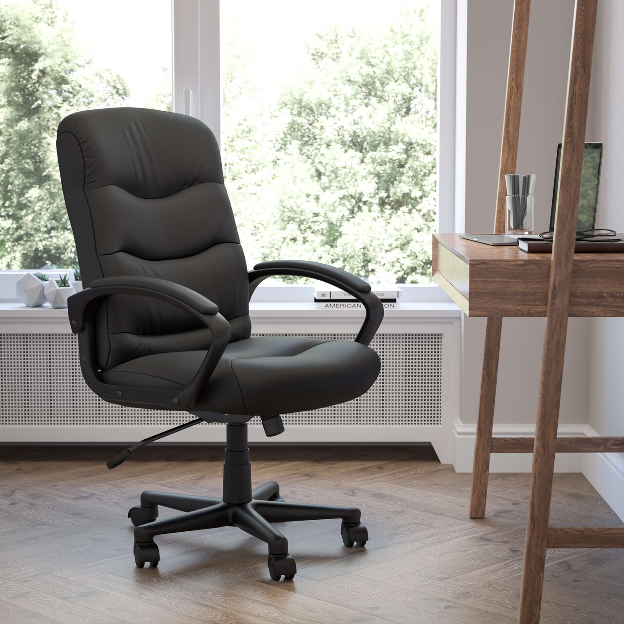 Emma and Oliver Mid-Back Fabric Executive Swivel Office Chair with Three Line Horizontal Stitch Back and Arms